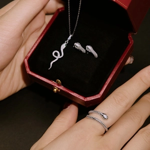 Détail de la parure serpent en argent avec pierres vertes dans un coffret rouge