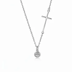 925 Sterling Silver Cross Round Zirconia Pendant Necklace For Women Elegant Minimalist Light Luxury Clavicle Chain Jewelry Gift
