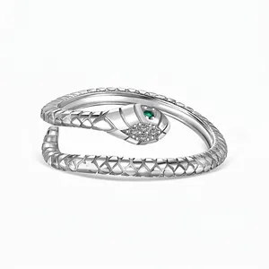 925 Sterling Silver Snake Wrap Ring For Women Sparkly Rhinestone Green Eyes Adjustable Open Fashion Finger Ring Jewelry
