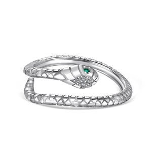 S925 sterling silver snake ring with emerald eye and diamond accents on white background