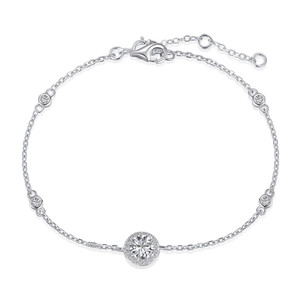 S925 sterling silver bracelet featuring a halo round diamond pendant and bezel-set stones