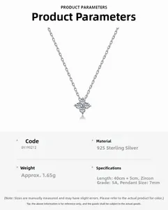 Détails du collier trèfle en argent S925 montrant les spécifications et dimensions