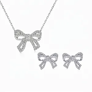 Elegant 925 Sterling Silver Bowknot Jewelry Set With Zirconia Necklace And Earrings Sweet Daily Fashion Jewelry For Women