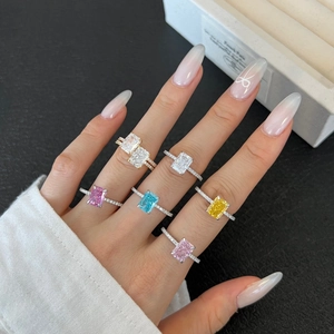 Close-up of S925 silver rings with colorful rectangular ice flower zircon stones