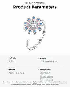 S925 Sterling Silber Drehring mit Sonnenblume und bunten Zirkonsteinen Detailansicht
