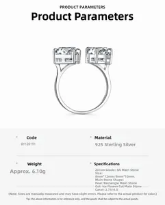 Détail d'une bague en argent S925 avec zircons 8A en forme de poire et taille rectangulaire