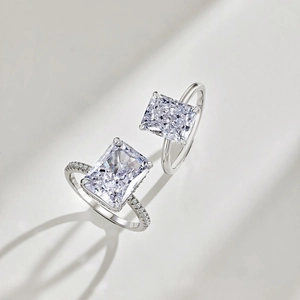 Detail shot of elegant radiant-cut ice-flower zircon rings in S925 sterling silver