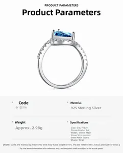 Detalle de anillo de plata S925 con circonita azul talla pera de 6x8mm y grado 8A
