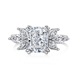 Bague luxe en argent S925 avec zircon de taille radiant et pierres marquises