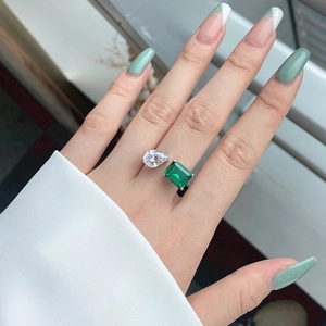 S925 sterling silver Toi et Moi open ring with emerald cut green stone and pear diamond