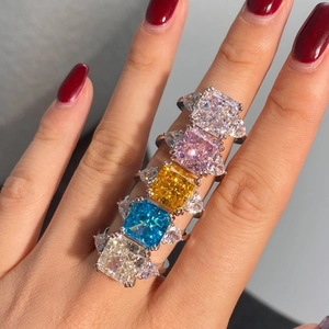 S925 sterling silver rings with square ice-cut colorful zircons on woman's fingers