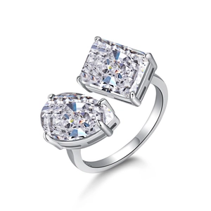Bague ouverte en argent S925 avec diamants carbone tailles poire et émeraude clairs