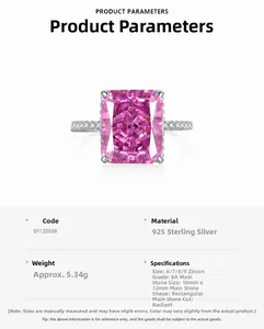 Close-up of S925 sterling silver ring with 10x12mm pink radiant-cut zircon stone