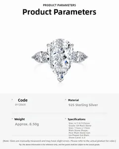 Détails de la bague en argent 925 avec zircon poire de 6ct et taille fleur de glace