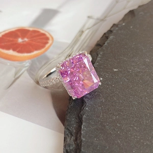 Luxurious S925 silver ring with a large radiant-cut pink gemstone and side diamonds