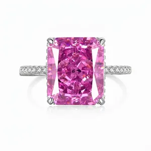 925 Sterling Silver Pink Zirconia Radiant Cut Ring For Women Elegant Luxury Pave Rhinestone Cocktail Ring Fashion Jewelry