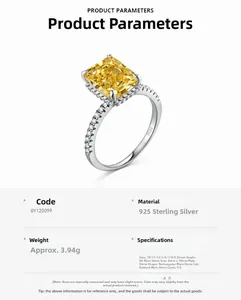 Detail of 4.0ct radiant cut yellow zircon on 925 sterling silver ring showing specifications