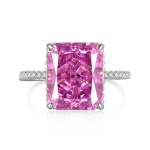 Luxurious S925 sterling silver ring with radiant cut pink gemstone and pavé diamonds