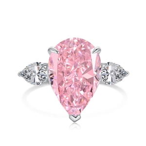 Bague élégante en argent S925 avec pierre rose poire et pierres latérales