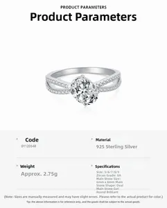Detailed specs for 925 sterling silver ring with 8A oval radiant-cut cubic zirconia