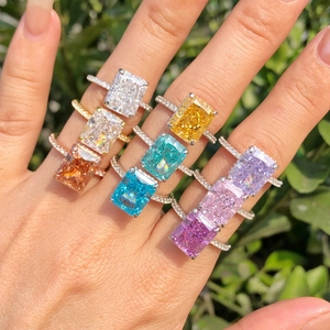 Radiant cut s925 silver rings with colorful zircon gemstones and pavé diamond bands