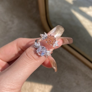 Exquisite S925 sterling silver rings with pink orange gemstone and marquise diamonds