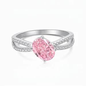 925 Sterling Silver Oval Pink White Zirconia Ring For Women Elegant Cross Hollow Micro Pave Zirconia Finger Ring Jewelry