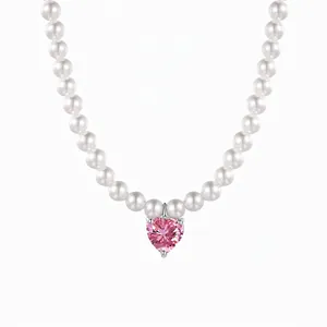 Elegant 925 Sterling Silver Shell Artificial Pearl Necklace Heart Shape Zirconia Pendant Adjustable Clasp Wedding Party Jewelry For Women