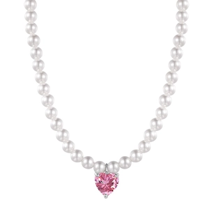 Elegant pearl necklace with pink heart gemstone pendant in polished silver finish