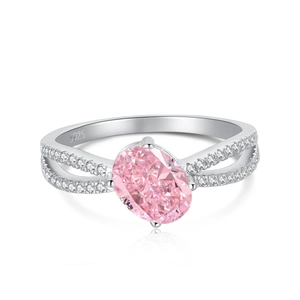 Elegant S925 sterling silver ring with oval pink zircon and split pave band design