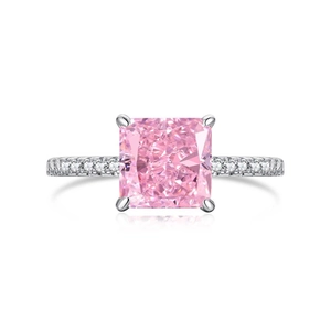Bague en argent S925 avec gemme rose taille radiant, serti quatre griffes et pavé brillant