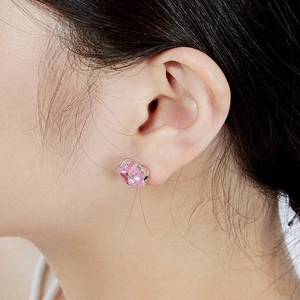 Side close-up of S925 sterling silver stud earring with pink ice cut cubic zirconia