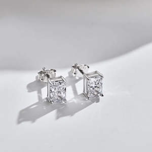 Macro shot showing the S925 hallmark on the back of radiant cut silver stud earrings
