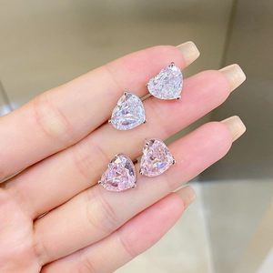 S925 silver heart stud earrings with pink and white ice-cut cubic zirconia crystals