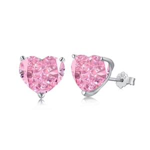 S925 sterling silver stud earrings featuring pink heart-shaped ice cut cubic zirconia