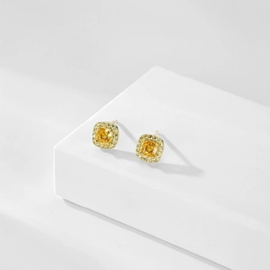 Boucles d'oreilles halo en argent S925 avec zircon jaune carré et cristaux coupe glace