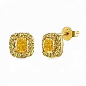 Boucles d'Oreilles Clous en Argent Sterling 925 pour Femmes Plaqué Or 18K Zirconia Jaune Coupe Cushion Halo Bijoux Luxe