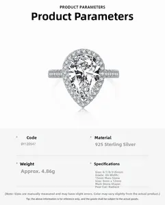 Spécifications de la bague en argent 925 avec zircon poire 8A et coupe radiant