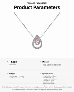 Detalle del collar de plata 925 con circón rosa y colgante en forma de gota de agua