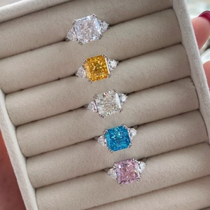 Radiant cut s925 silver rings with colorful high carbon diamonds in a jewelry box