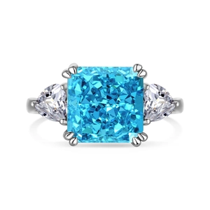 S925 sterling silver ring with square blue ice flower cut gemstone and side stones