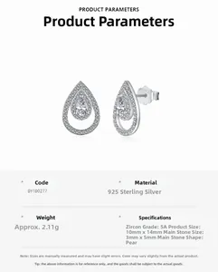 Especificaciones de pendientes de gota en plata S925 con circonitas de alta calidad