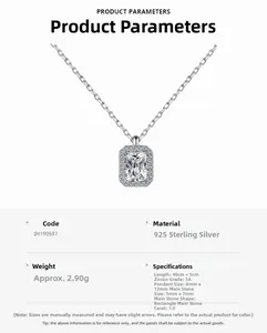 Détails du collier en argent S925 avec pendentif rectangulaire en zircone 5A de 1,0ct