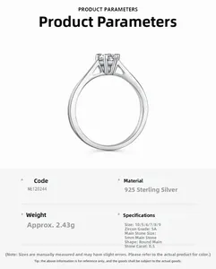 Detailed specs of S925 sterling silver ring with 0.5ct round zircon in 6-prong setting