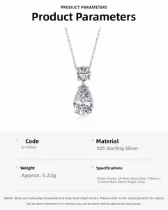 Détail du collier en argent 925 avec un pendentif en zircone cubique poire de 9,8x15,8mm