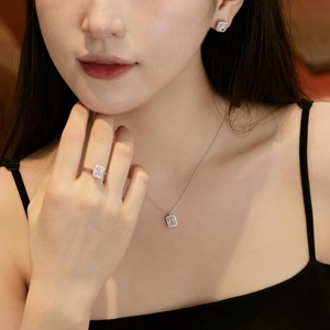 Parure bijoux en argent S925 avec collier et boucles d'oreilles halo en zircon rectangle