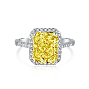Anillo de lujo en plata S925 con circón amarillo de corte radiante y halo de diamantes