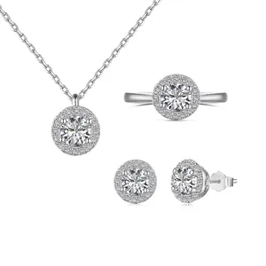 Parure de Bijoux en Argent Sterling 925 Zirconia Collier Pendentif Halo Rond Boucles d'Oreilles Clous Bague Réglable Élégant Bijoux Mariage Femme
