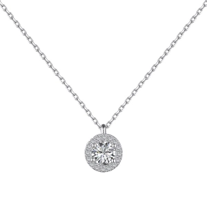 Collier halo en argent sterling S925 avec pierre centrale ronde et pavé de petits diamants