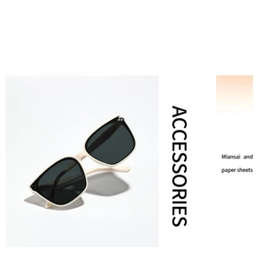 Detail view of cream white square cat-eye sunglasses with rivets and polarized lenses